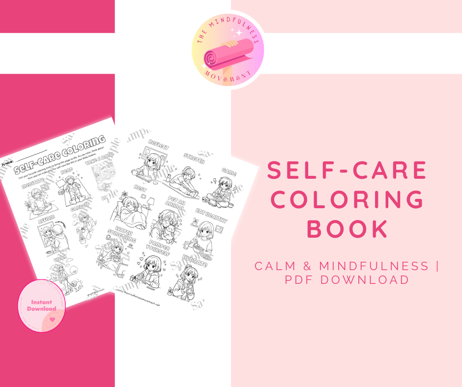 Self-care coloring book printable PDF with 21 mindfulness coloring pages for tweens and teens self-care and calm.