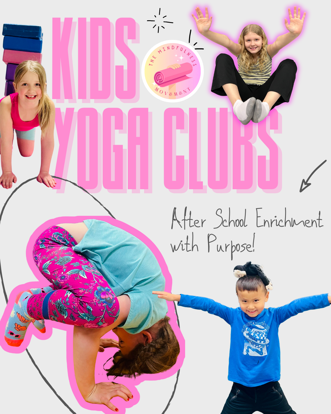 Children practicing yoga poses during after school kids yoga club in Mounds View Minnesota