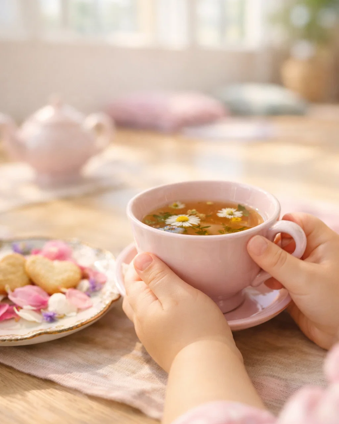 Child holding a warm tea cup during a calming mindfulness moment at a Teddy Bear Tea Party kids yoga retreat.