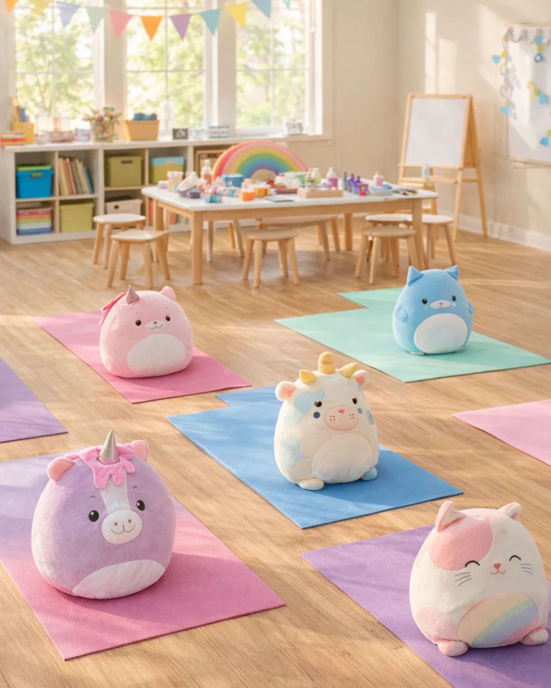Child doing yoga pose with Squishmallow during a kids mindfulness yoga camp in White Bear Lake Minnesota