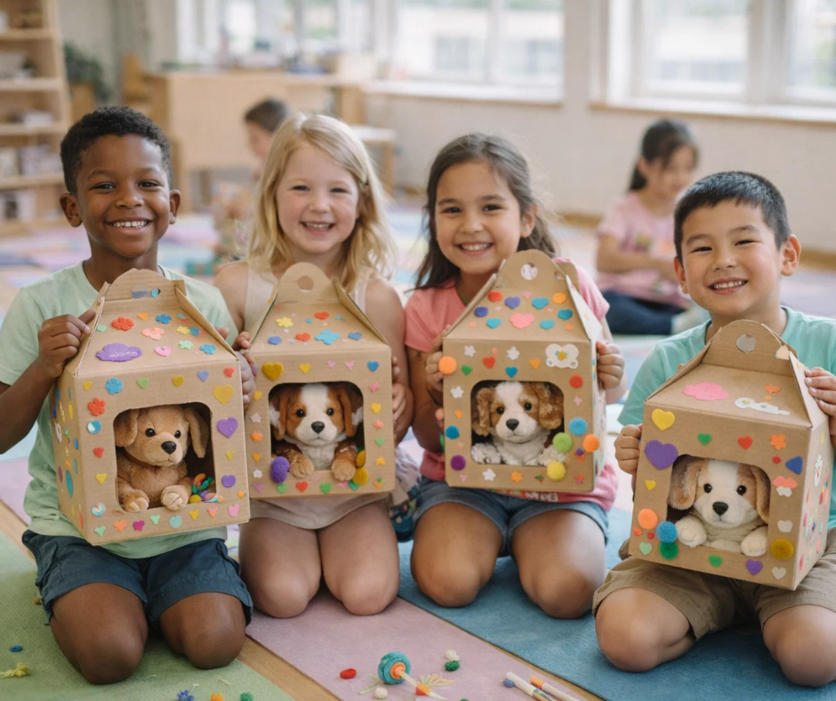Kids decorating puppy themed crafts during a Pose & Play™ Puppy Yoga retreat for kids in Minnesota.