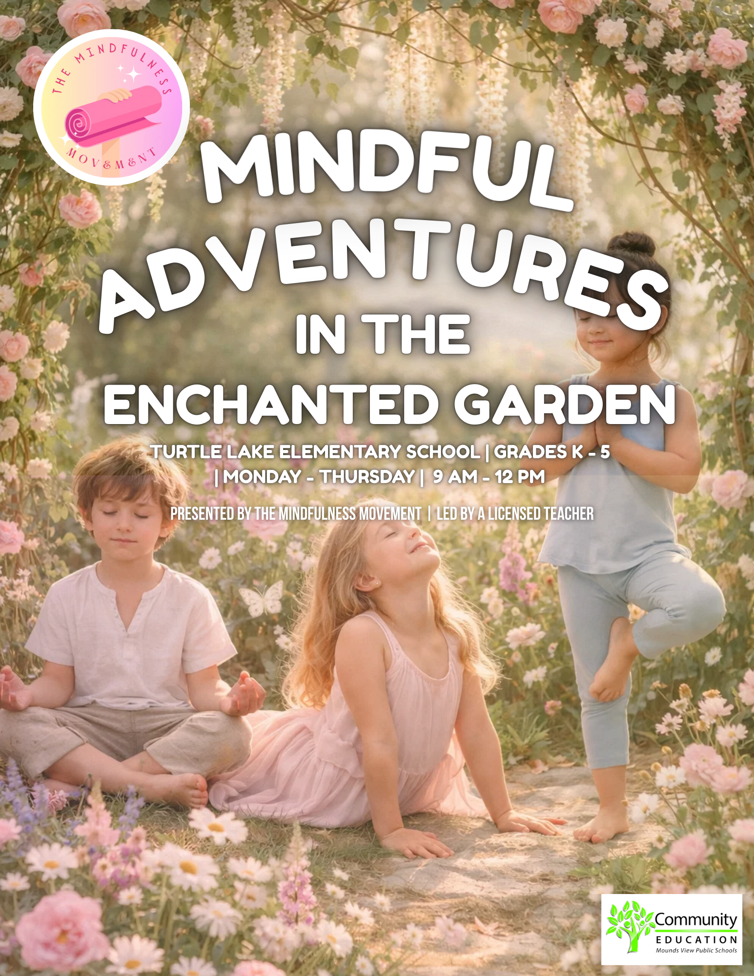 Children exploring a garden-themed mindfulness summer camp in Minnesota, combining imaginative play, creativity, and nature connection.