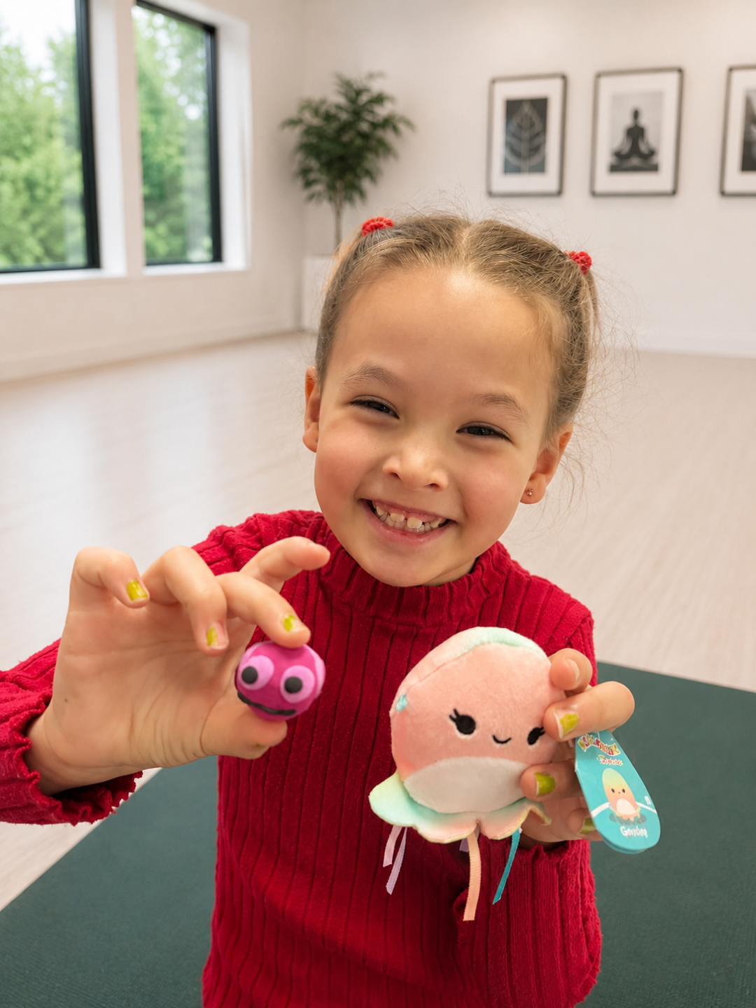 Kids practicing yoga with Squishmallows during a Squishmallow Yoga mindfulness camp on a non-school day