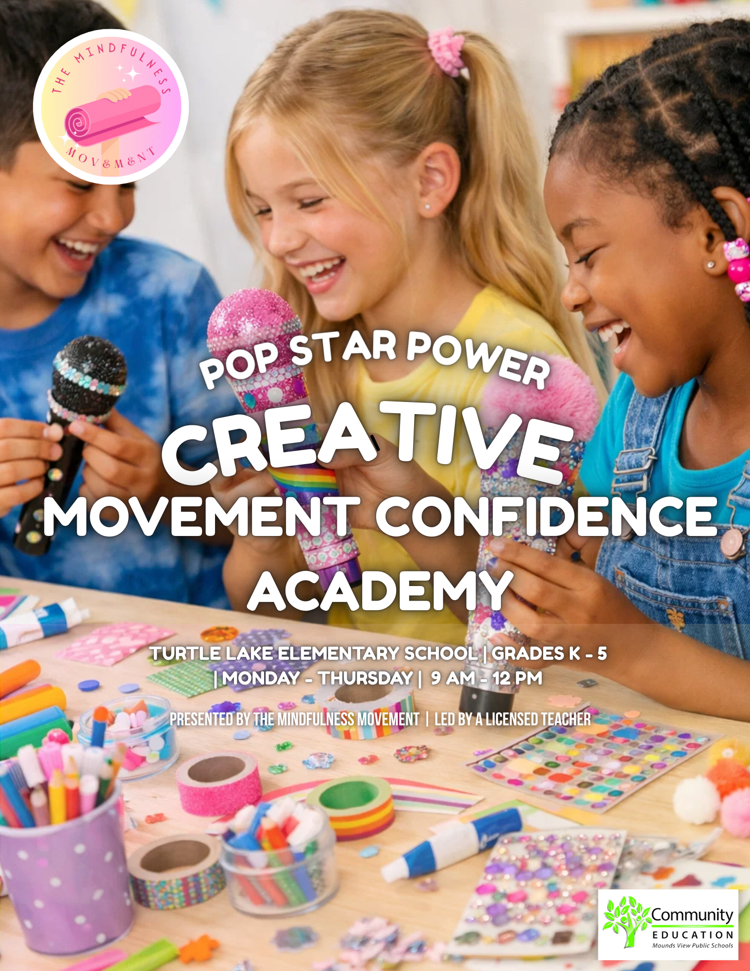 Children participating in a creative movement and confidence-building summer camp in Minnesota, combining dance-inspired movement and yoga.