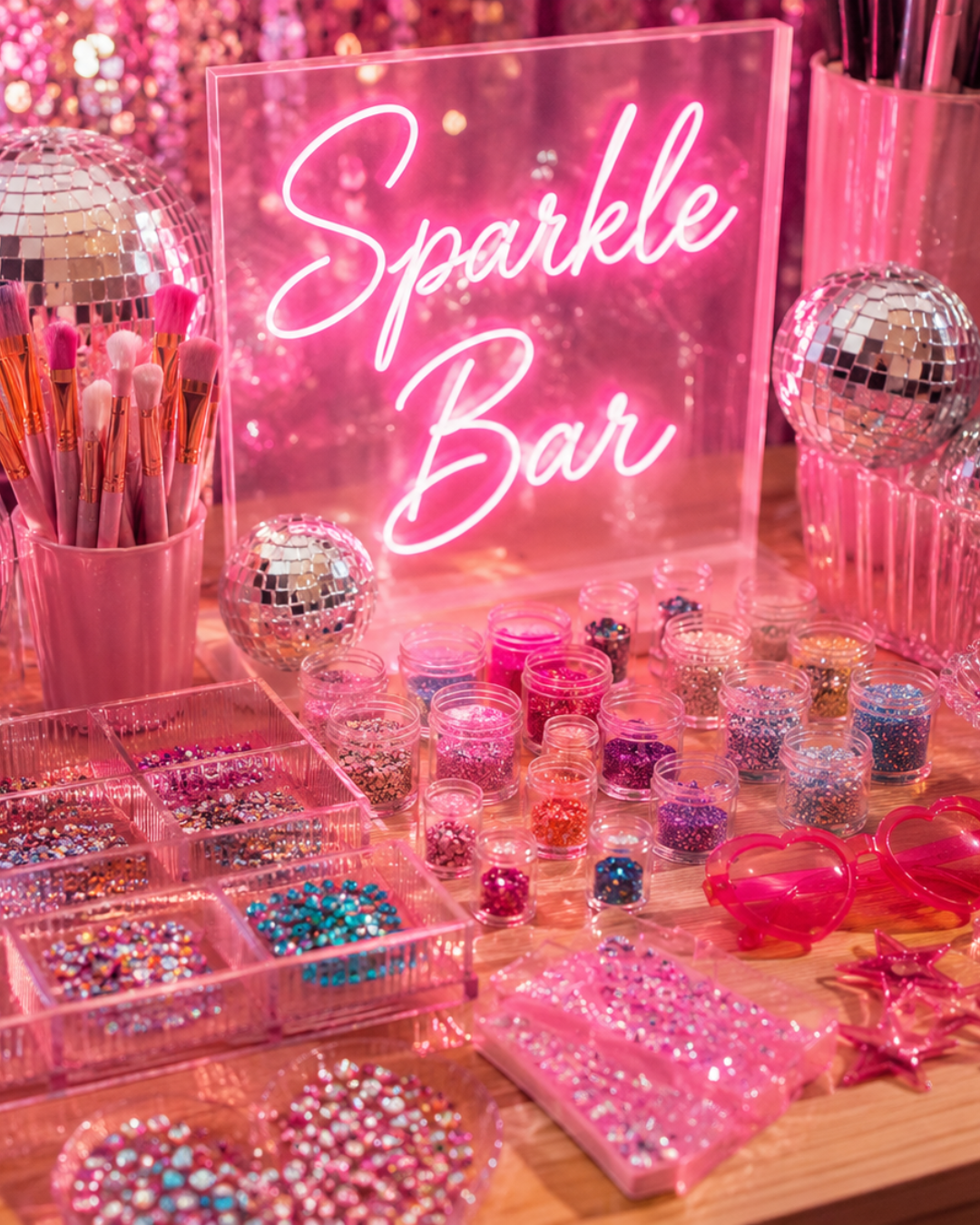 Sparkle Bar craft station with glitter gems and disco balls at Pop Star Power kids confidence and creativity summer camp in Minnesota