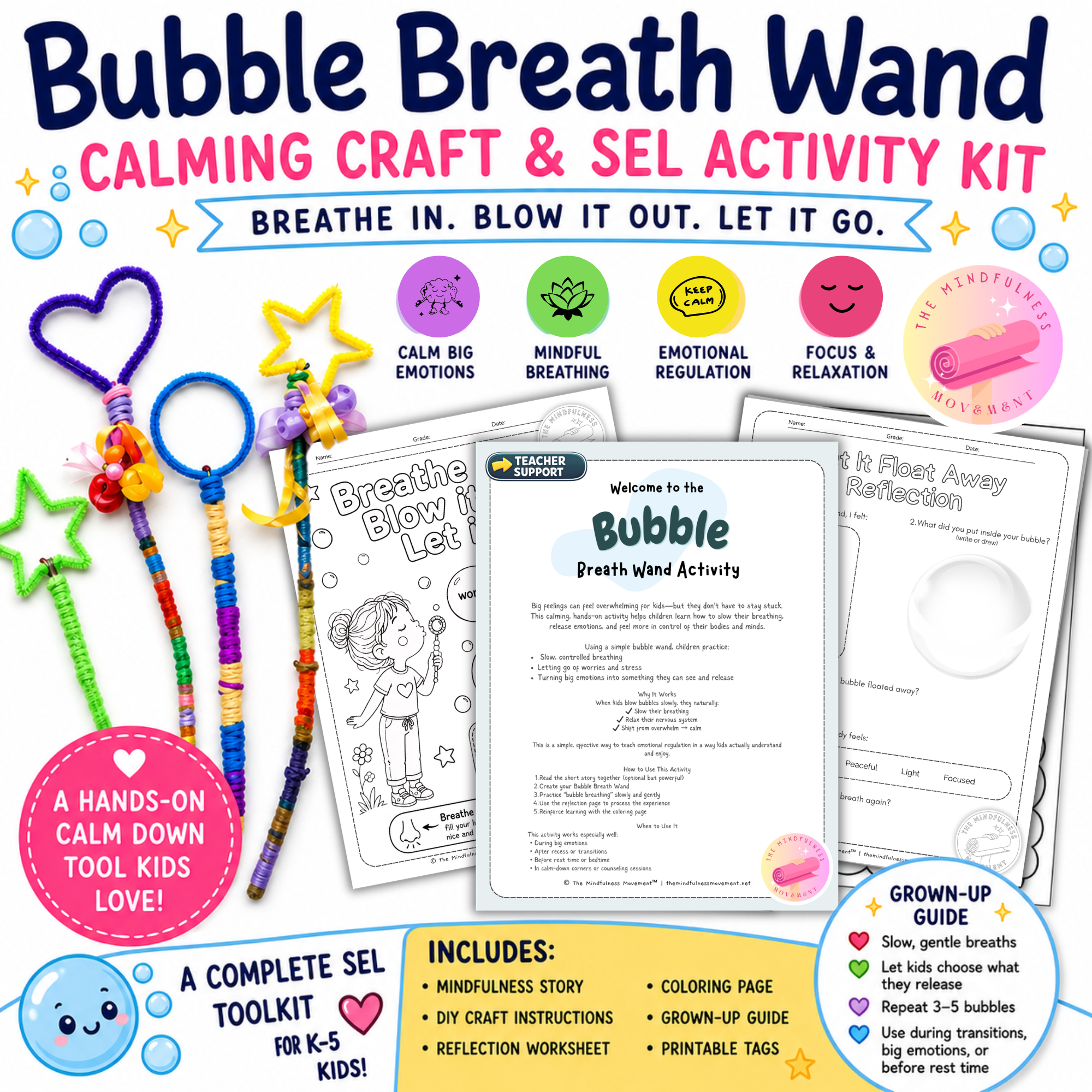 Bubble Breath Wand Calming Craft & SEL Activity Kit for Kids (K–5 Mindfulness Lesson, Coloring Pages, & Reflection Worksheets)