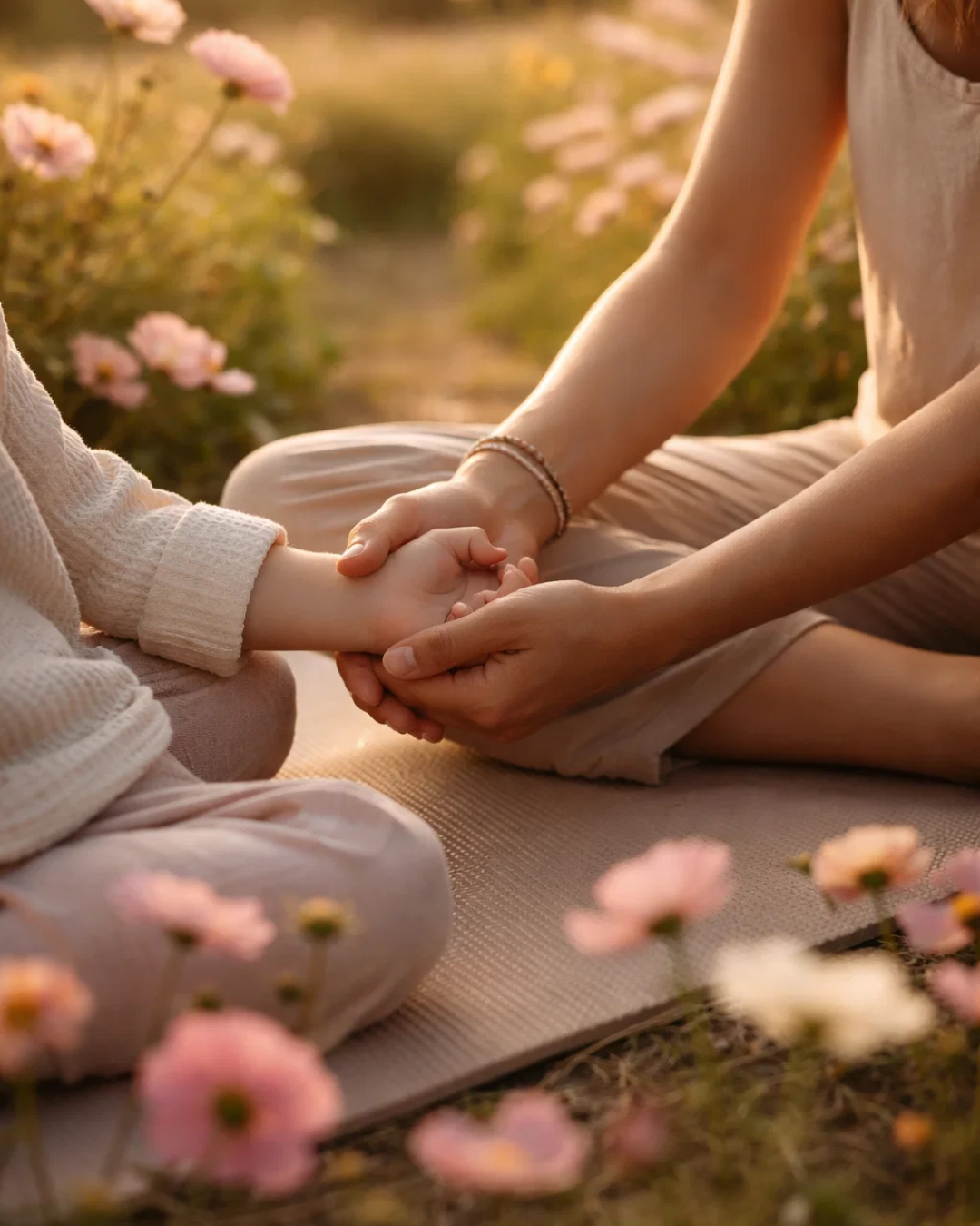 Parent and child sharing a calm mindfulness moment during an outdoor family yoga experience in Minnesota