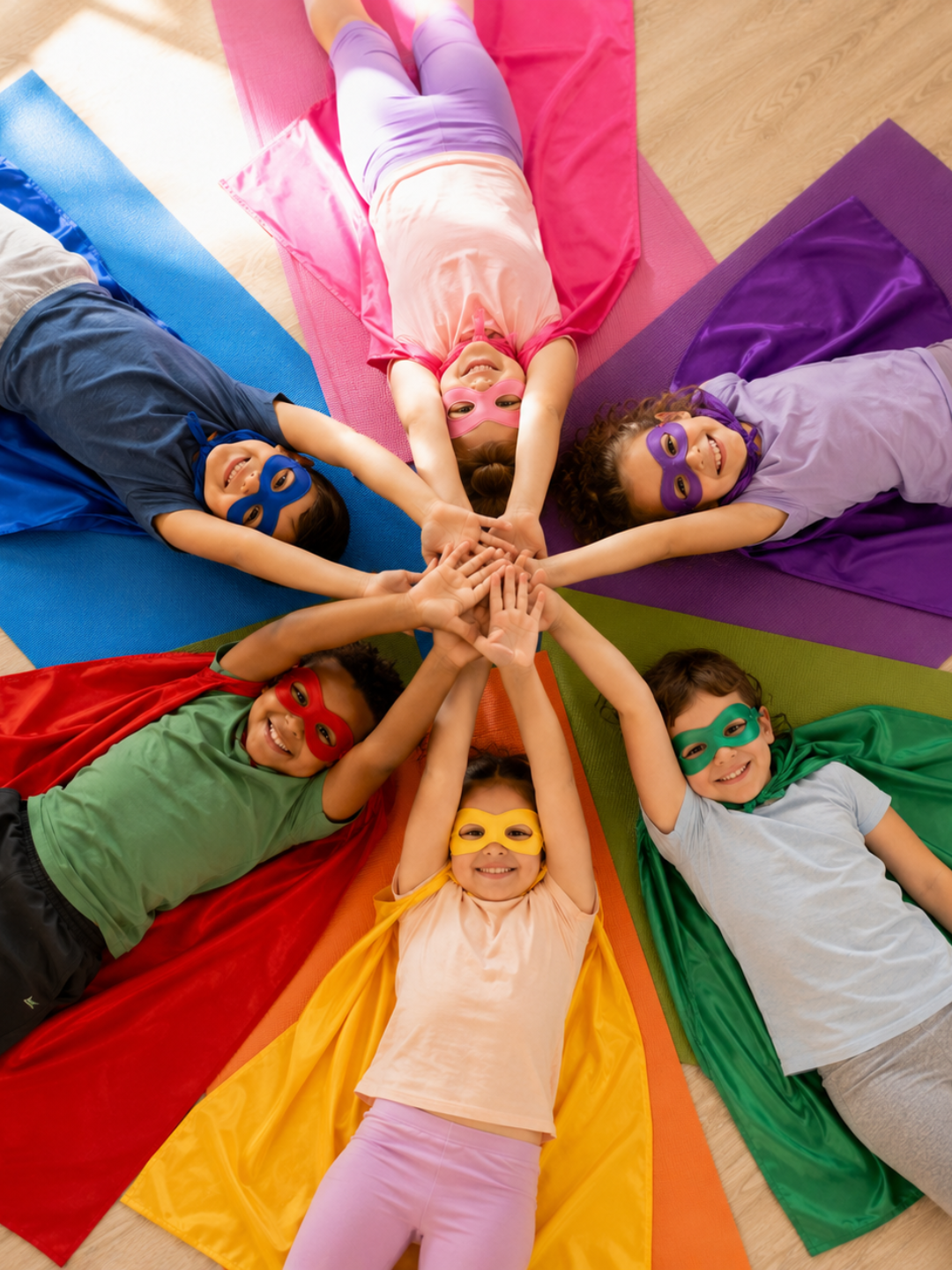 Group of kids in colorful superhero capes and masks lying in a circle with hands together at Superpower Kids Camp™ in New Brighton, Minnesota
