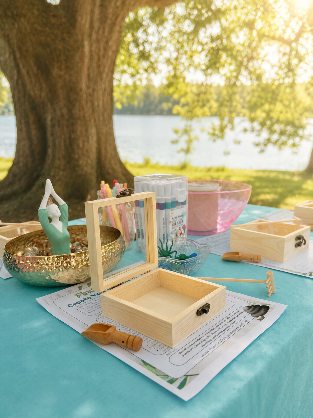 Outdoor mindfulness craft station with singing bowl wood boxes and art supplies at Calming Creations Zen Zone camp at Chippewa Middle School Mounds View MN