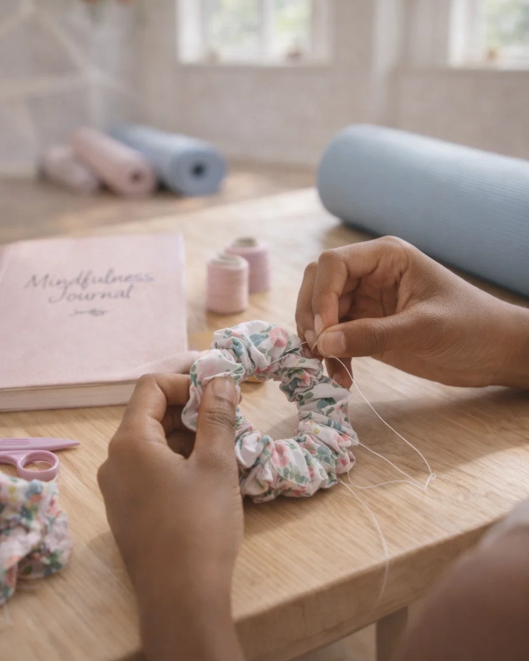 Tween campers sewing handmade scrunchies during a creative mindfulness activity at a boutique confidence and wellness summer camp in the Twin Cities Minnesota.