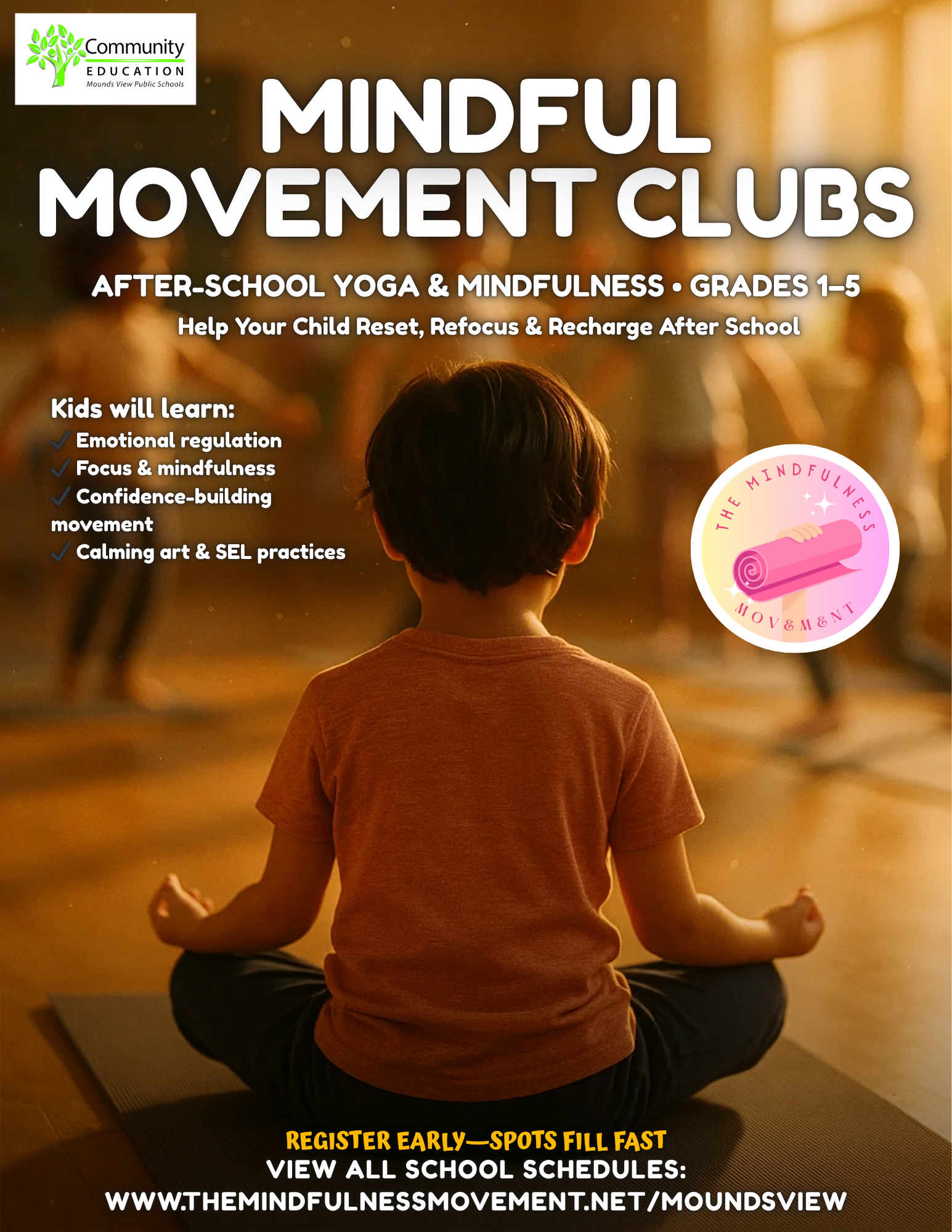 Kids yoga and mindfulness after school program in Mounds View MN community education flyer