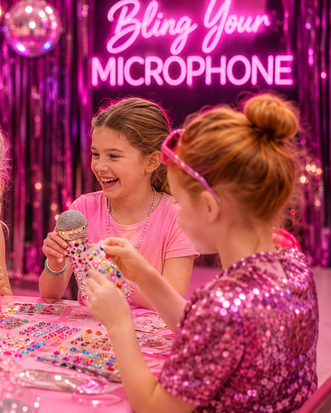Girls laughing while decorating microphones with rhinestones at a Bling Your Microphone craft activity at kids summer camp in Minnesota