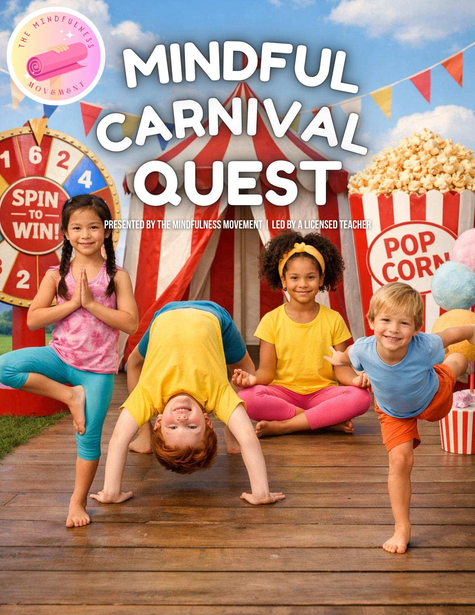 Playful yoga and mindfulness activities at a Shoreview MN summer camp designed to support calm, focus, and social skills.