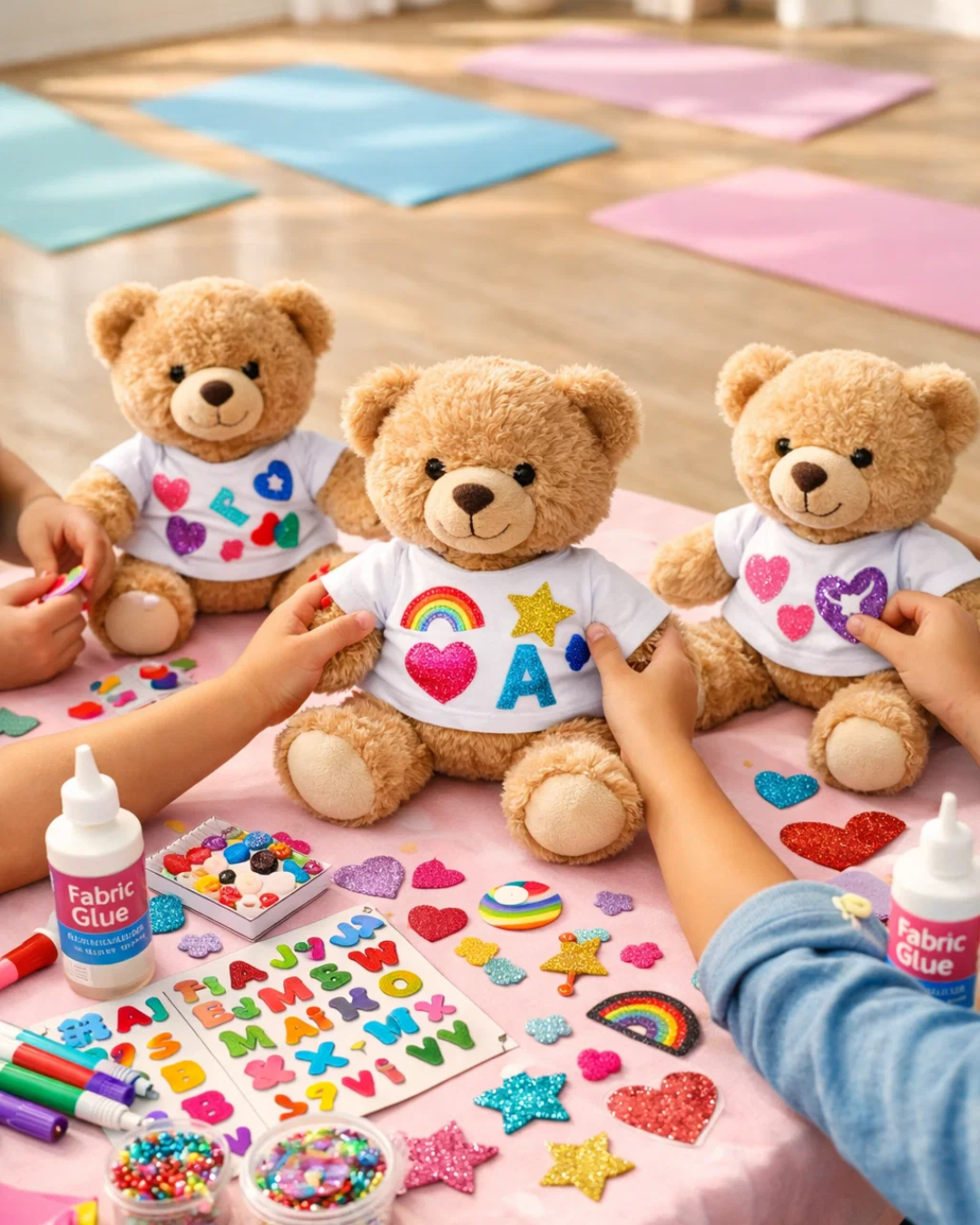 Children decorating teddy bears with colorful craft supplies during a creative activity at a kids yoga retreat in Minnesota.