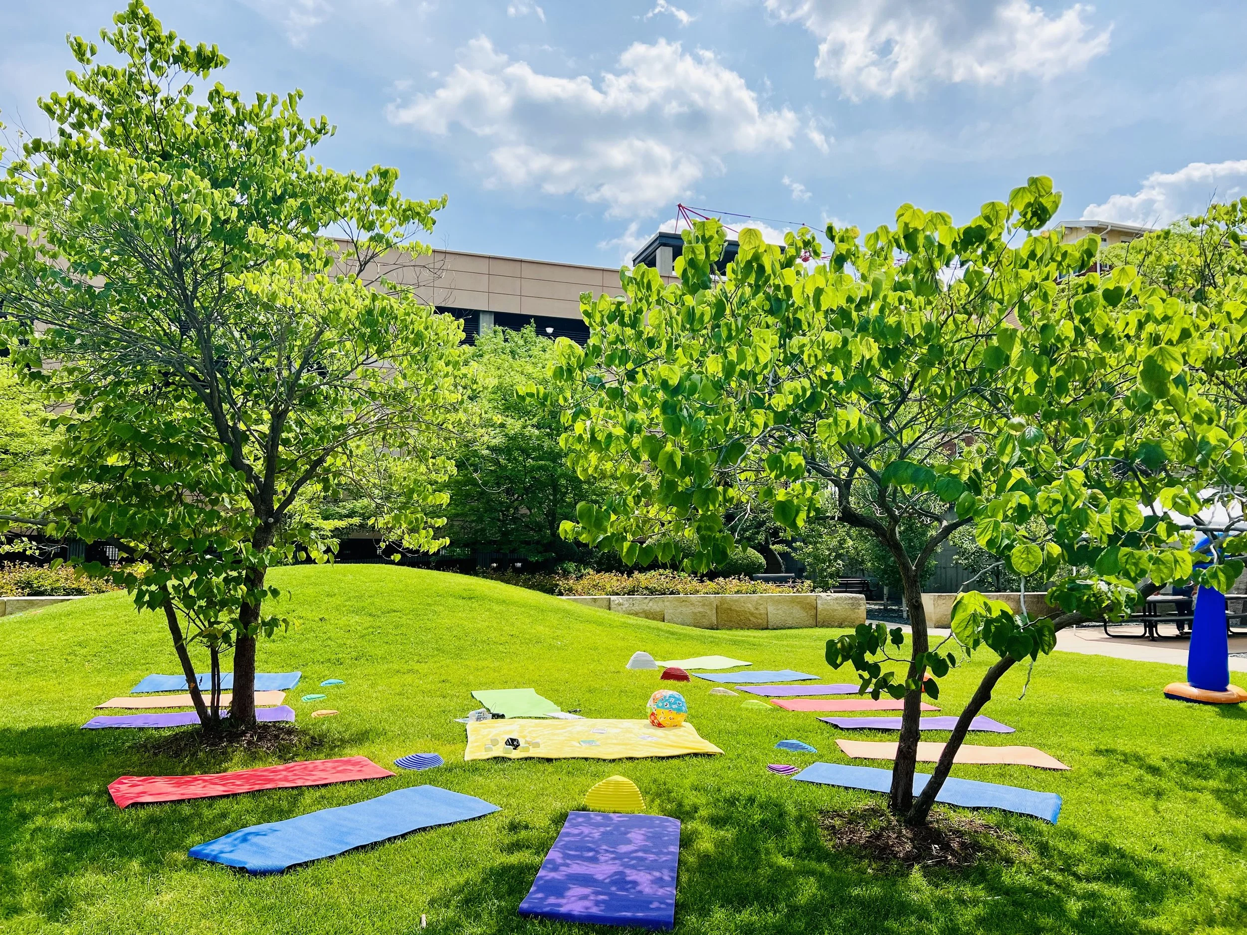 Children participating in a kids yoga and mindfulness camp with movement, creative activities, and relaxation practices in a small-group setting.