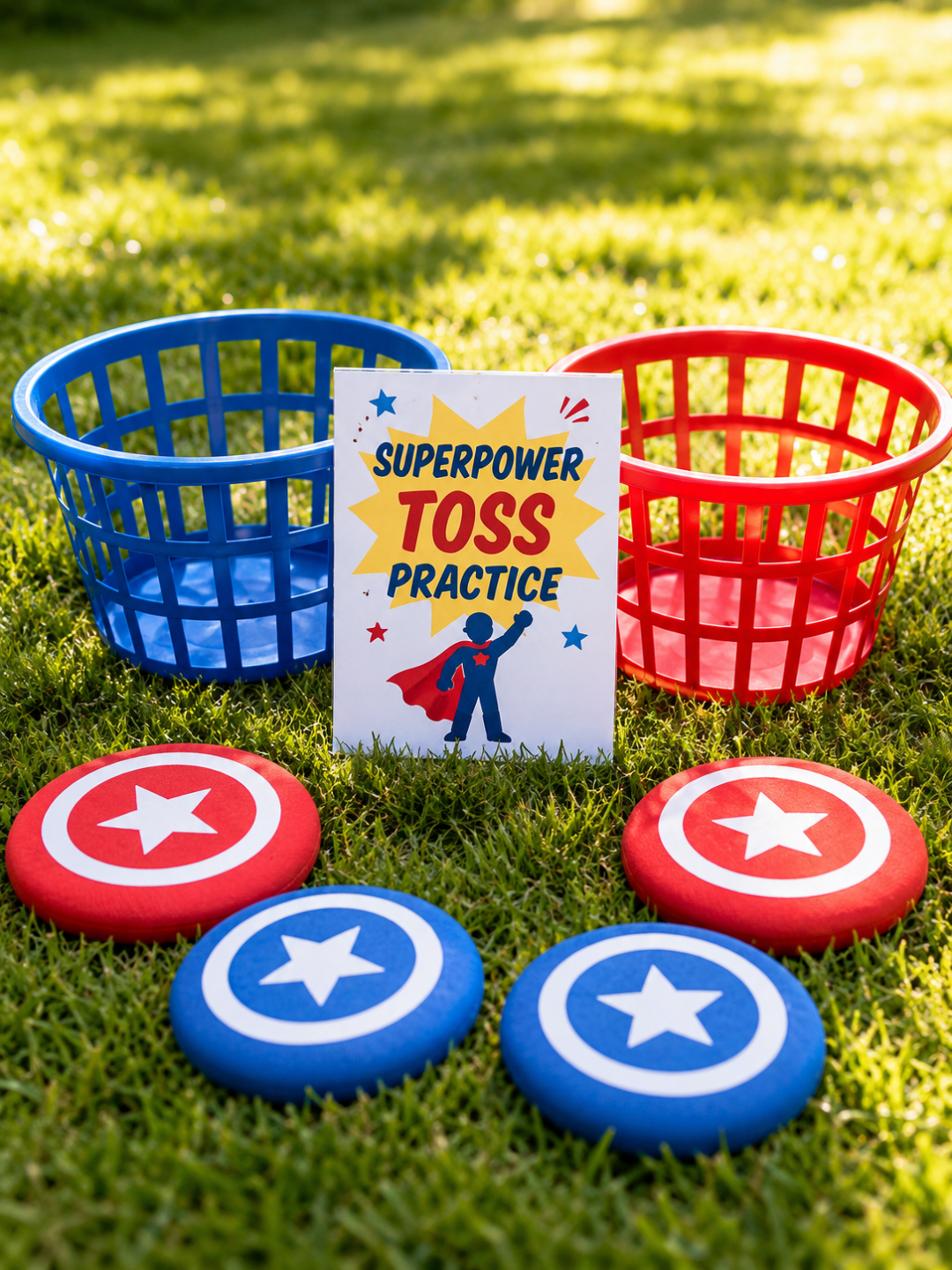 Superpower Toss Practice game setup with shield frisbees and baskets at Superpower Kids Camp™ — a kids yoga and confidence retreat in New Brighton, Minnesota