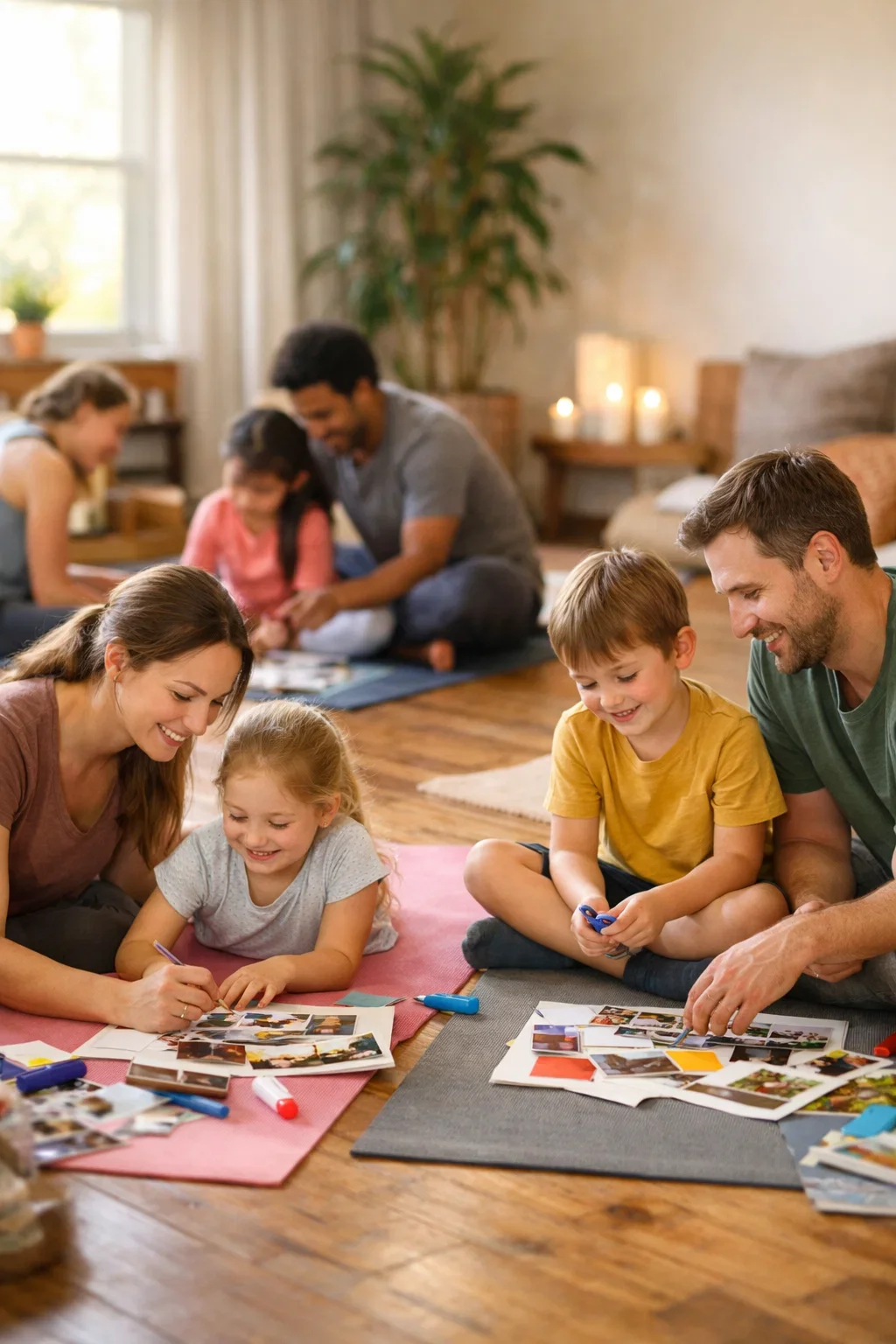 Families and children sitting on yoga mats during a family yoga and mindfulness vision board workshop, creating vision boards together in a calm, welcoming studio space.