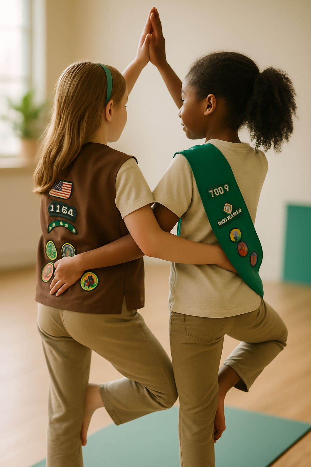 Girl Scout troop practicing partner tree pose during a yoga and mindfulness session in Minnesota