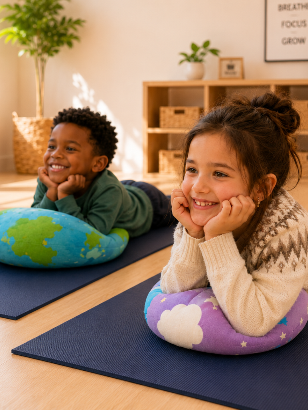 Two kids laughing together with Squishmallows at a Pose & Play™ yoga retreat for children in New Brighton, Minnesota