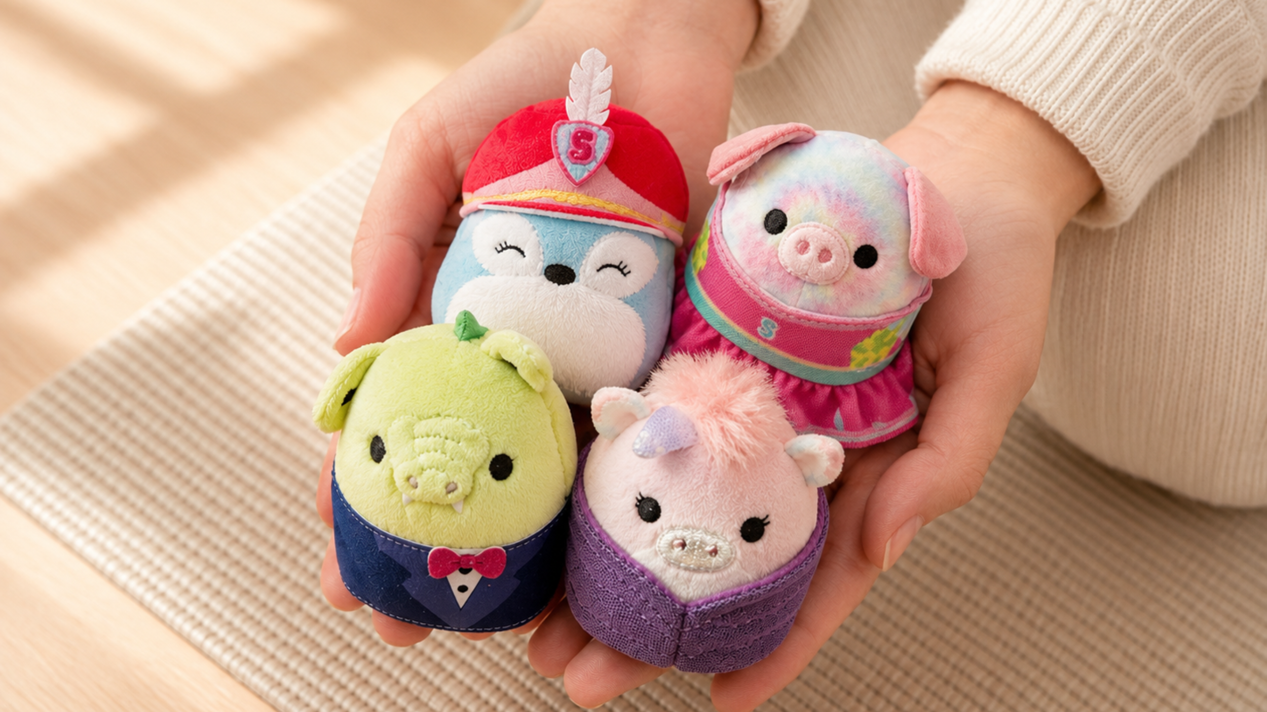 Four mini Squishmallows with fashion accessories held in a child's hands — the take-home surprise from a Pose & Play™ Squishmallow Yoga retreat for kids at New Brighton Community Center, Minnesota