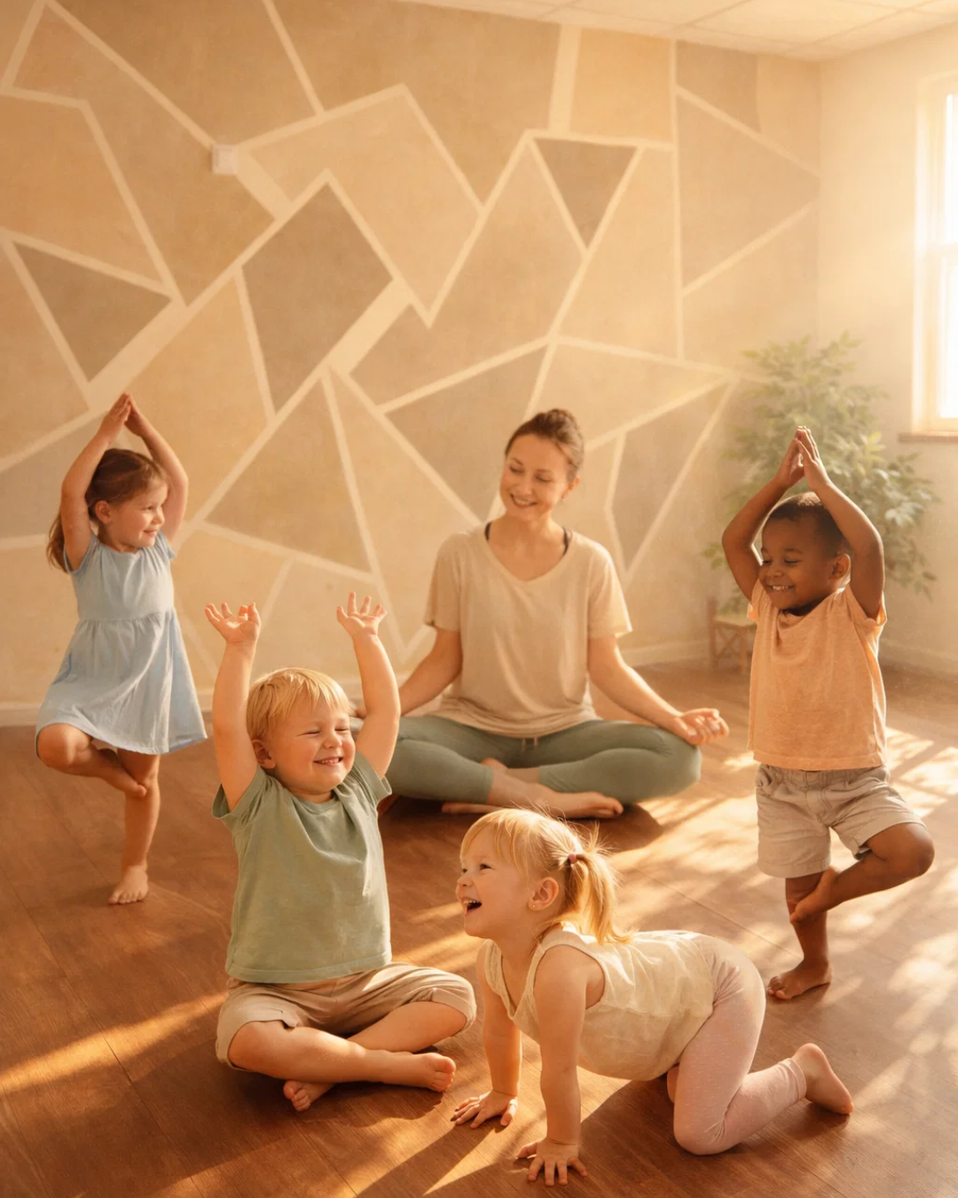 Preschool-aged children practicing playful yoga poses in warm Roseville MN studio during small-group summer camp for ages 4–5.
