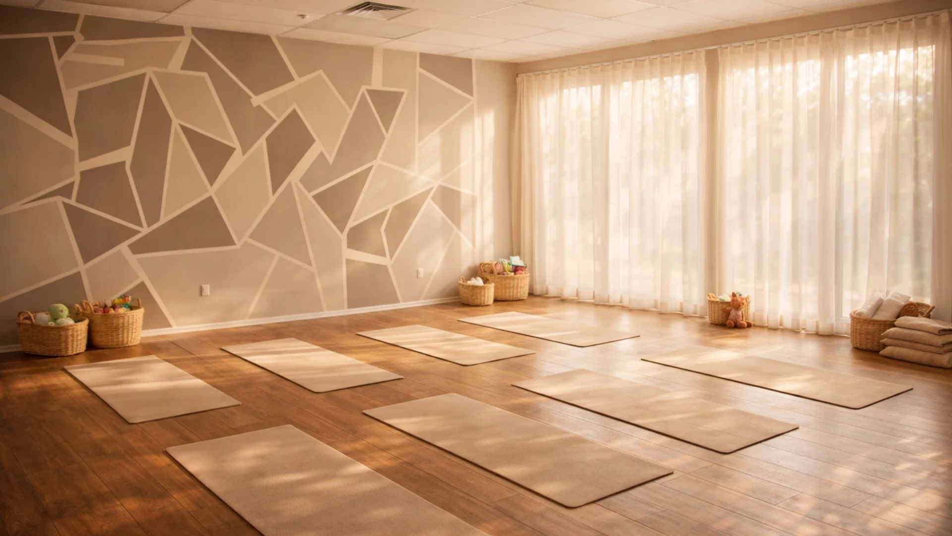 Yoga mats laid out in boutique Roseville MN studio space prepared for small-group summer camp session.