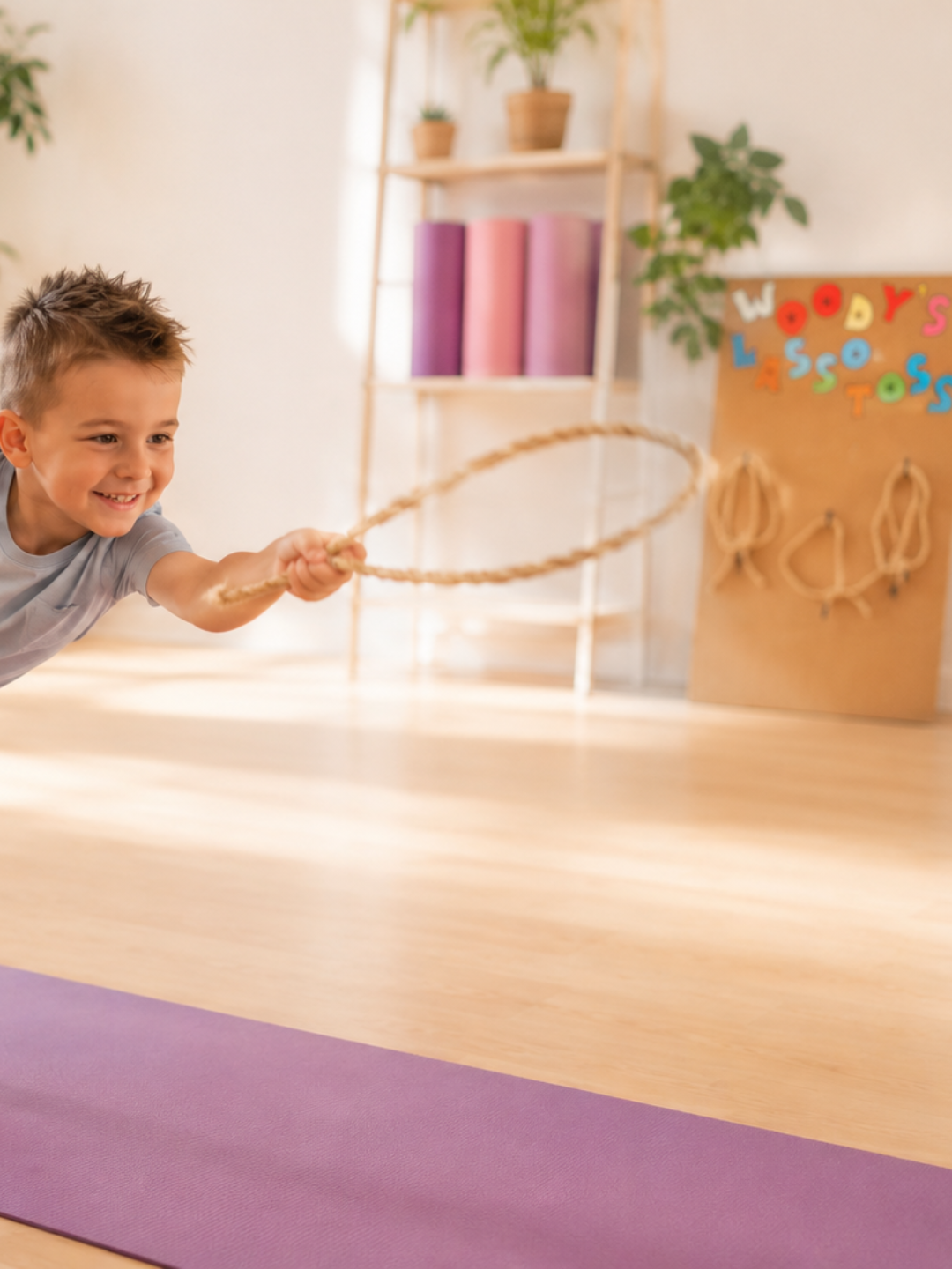 Boy tossing a lasso at the Woody's Lasso Toss activity station during Imagination Takes Flight™ — a toy-inspired kids yoga camp in New Brighton, MN