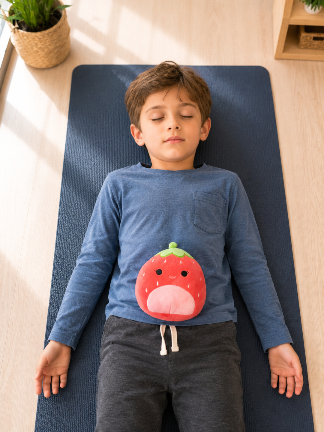 Child resting in savasana with a Squishmallow during guided relaxation at a Pose & Play™ kids mindfulness yoga camp in New Brighton, MN