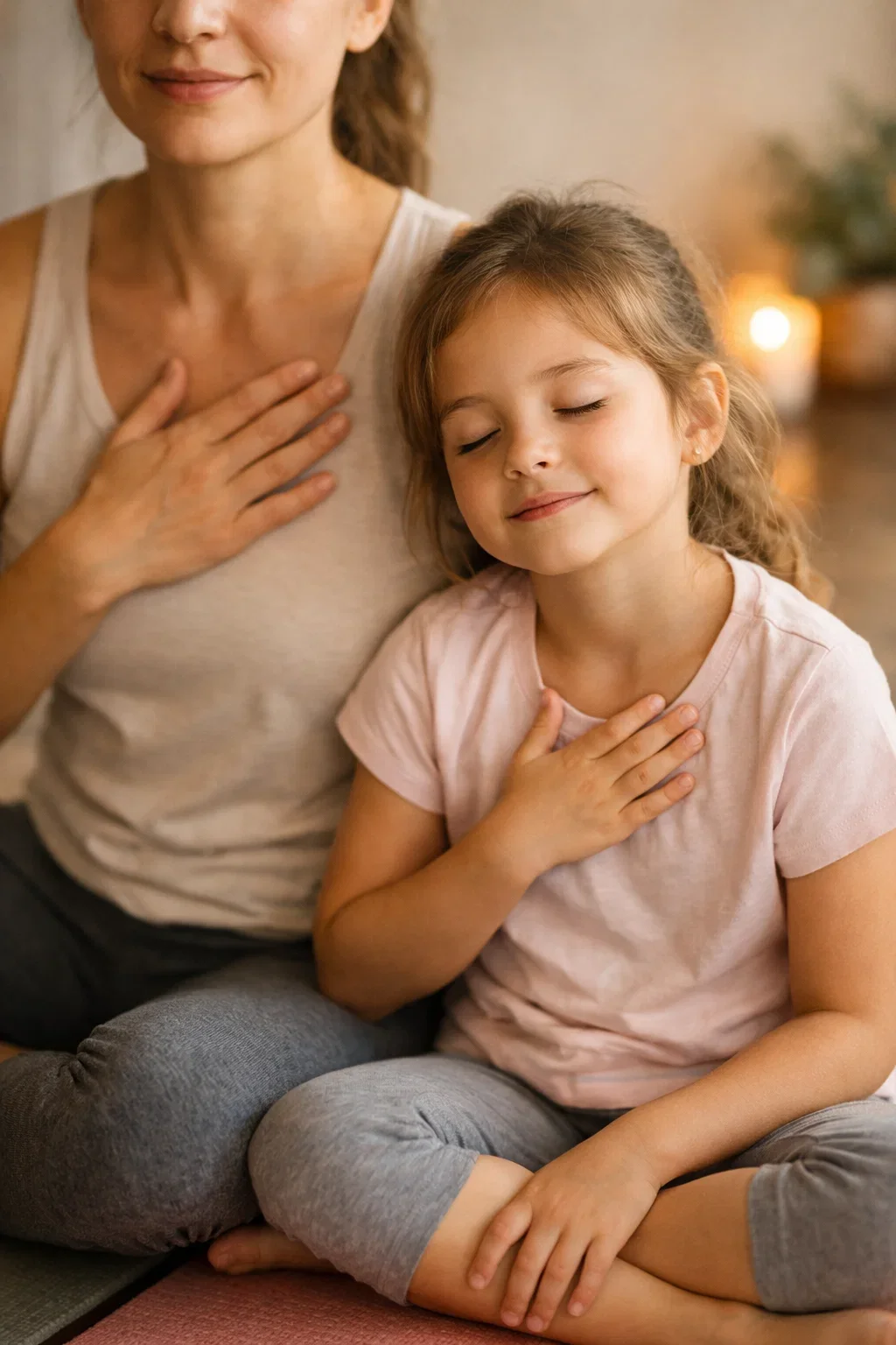 Parent and child sharing a mindful moment during private family yoga