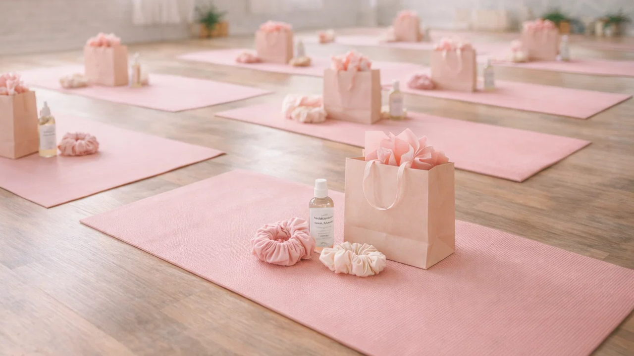 Boutique yoga studio setup with pink mats and personalized welcome bags for a small-group tween wellness and confidence summer camp in Minnesota.