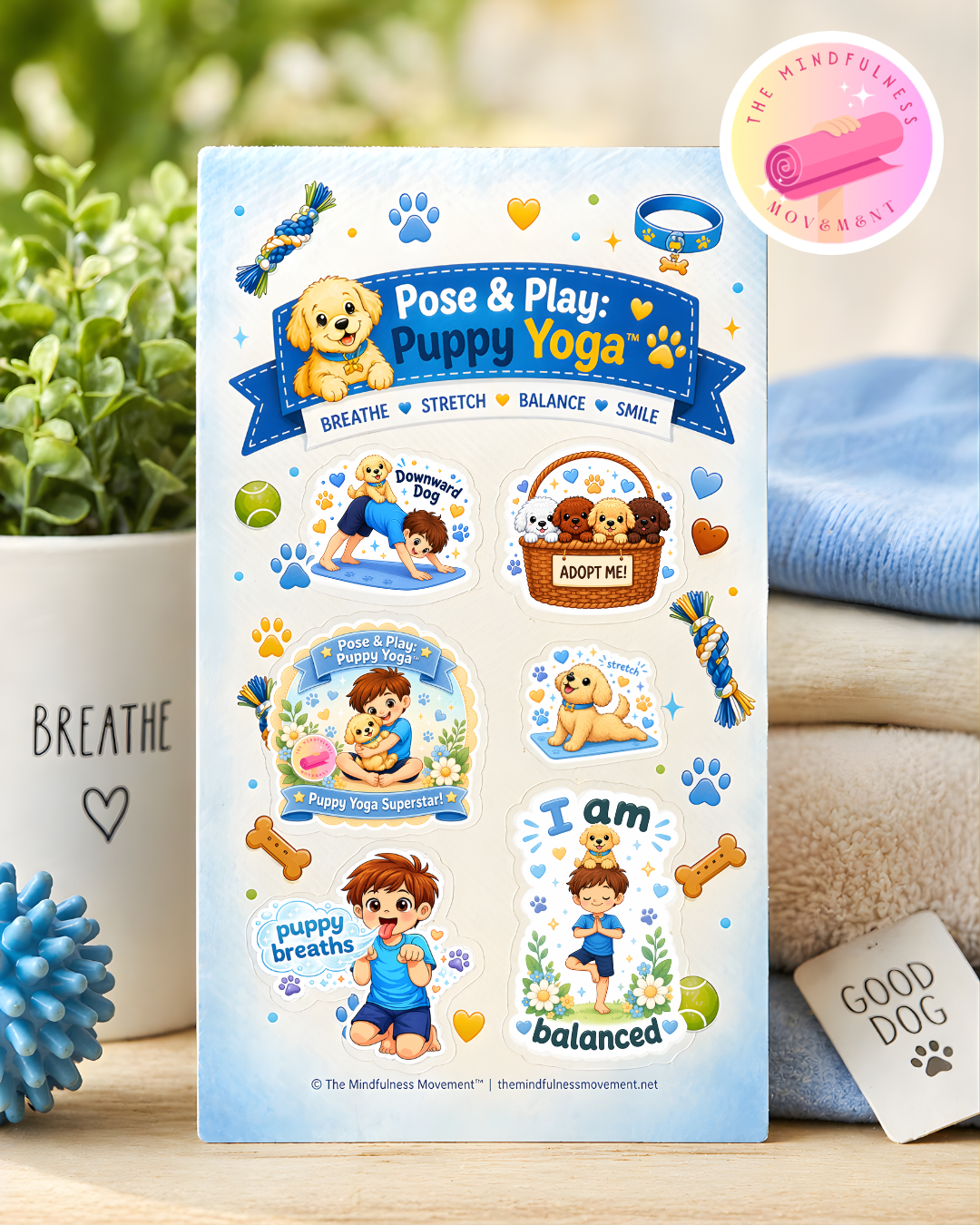 Pose & Play: Puppy Yoga™ Sticker Sheet | Kids Yoga Stickers, Mindfulness Rewards, SEL Classroom Tools, Puppy Theme