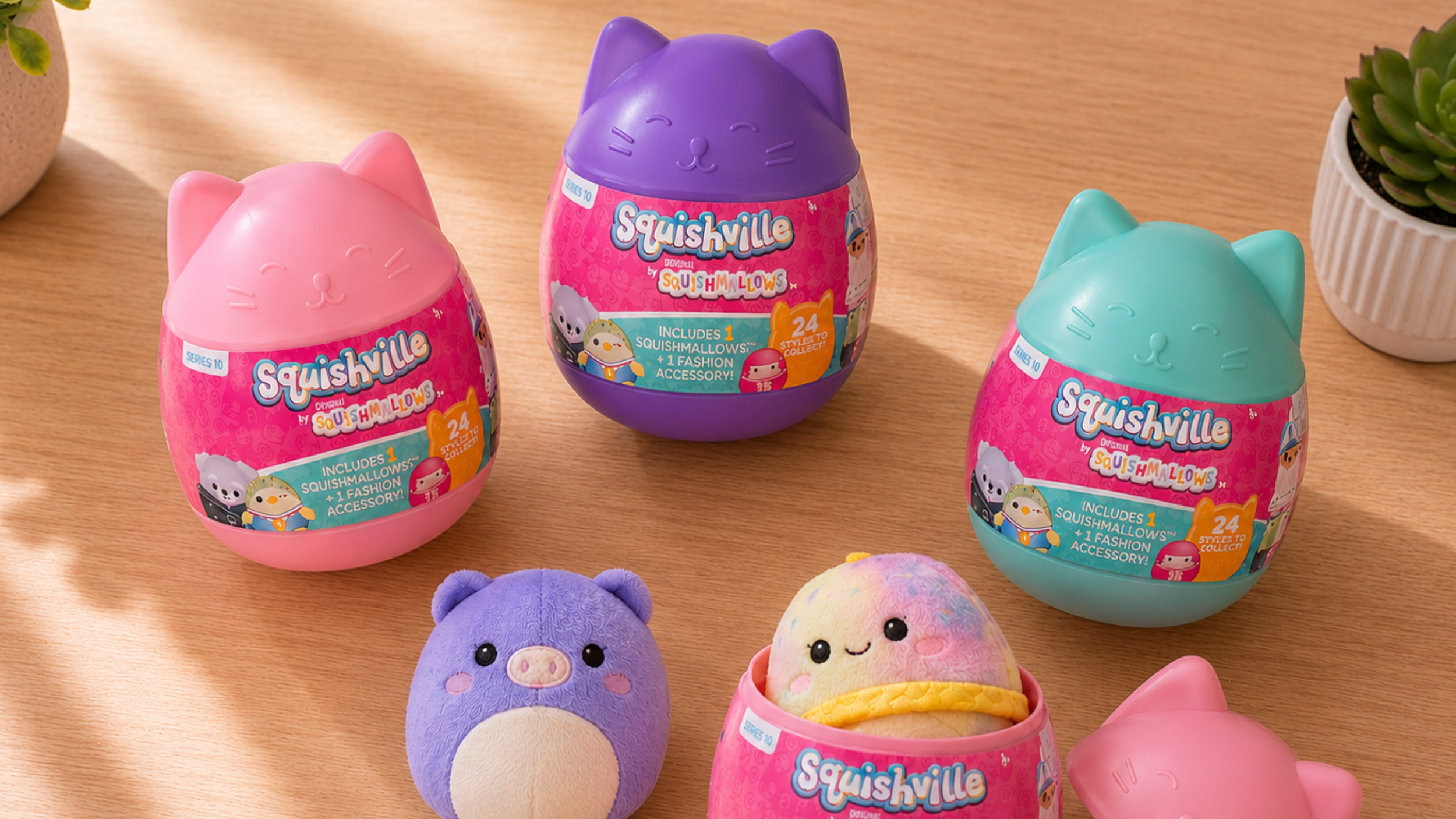 Squishville by Squishmallows mystery capsule take-home surprises from a Pose & Play™ Squishmallow Yoga camp for kids in New Brighton, Minnesota — each capsule includes a mini Squishmallow and a fashion accessory