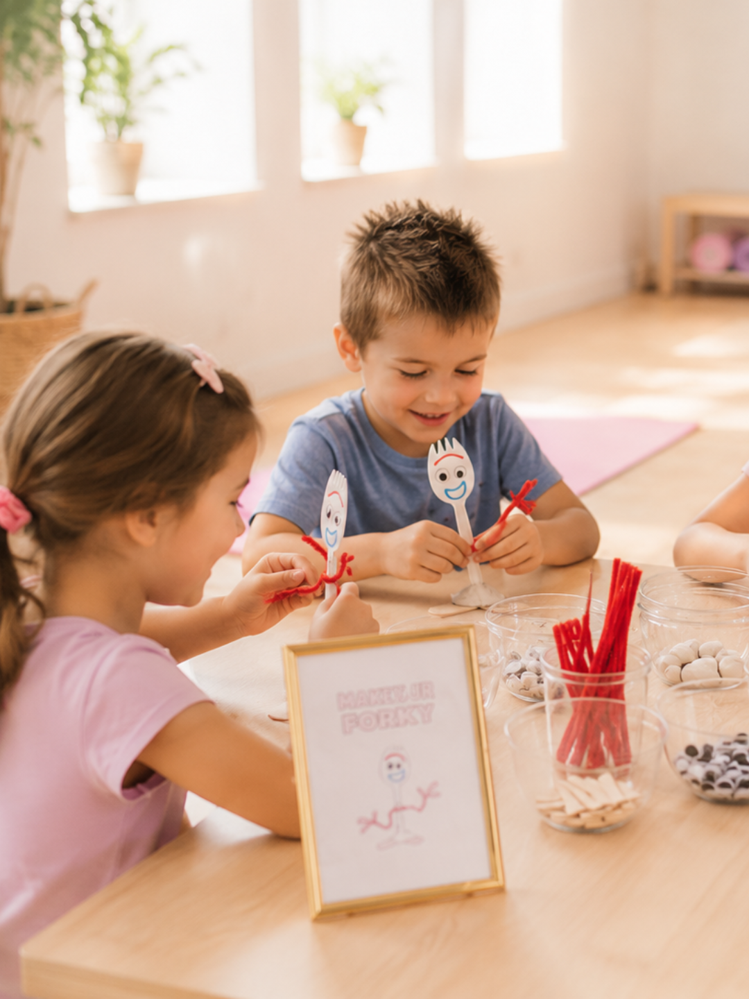 Boy and girl making Forky-inspired spoon characters at the craft station during Imagination Takes Flight™ — a toy-inspired kids yoga camp in New Brighton, Minnesota