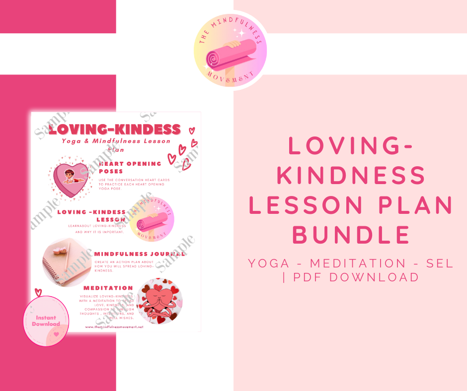 Loving-kindness lesson plan printable PDF with yoga poses, meditation script, journaling activity, and bonus conversation cube.