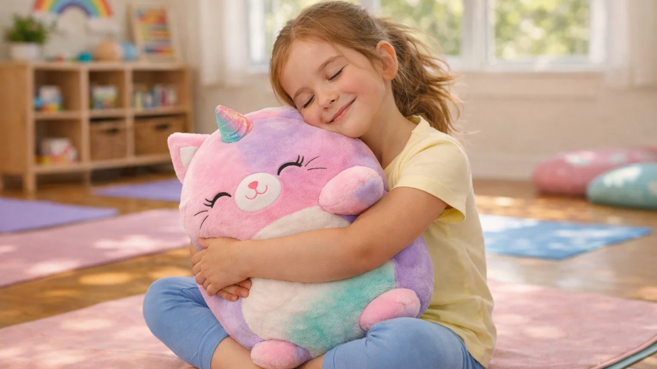 Child hugging a Squishmallow during a cozy kids yoga and mindfulness retreat in Minnesota.