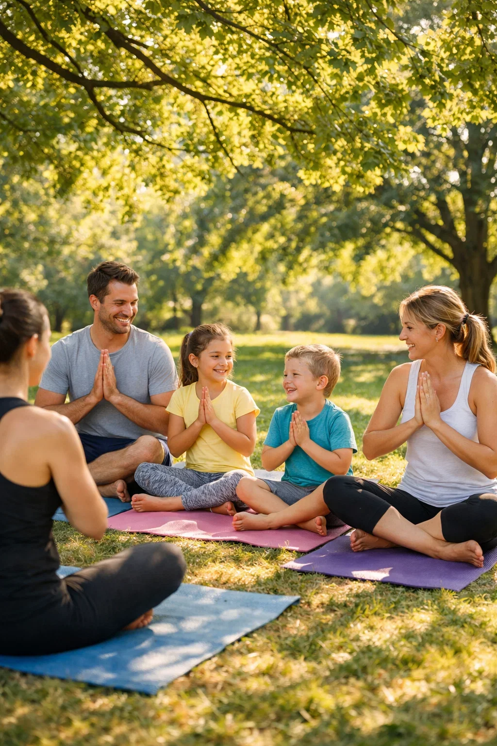 Outdoor private family yoga class in a park with parents and kids
