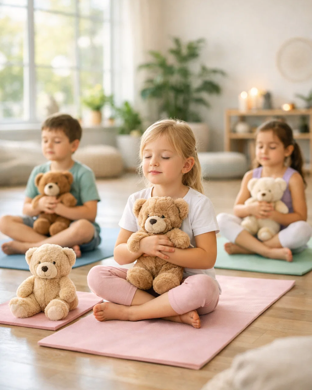 Children practicing mindfulness while holding teddy bears on yoga mats during a kids yoga and mindfulness retreat in Minnesota.