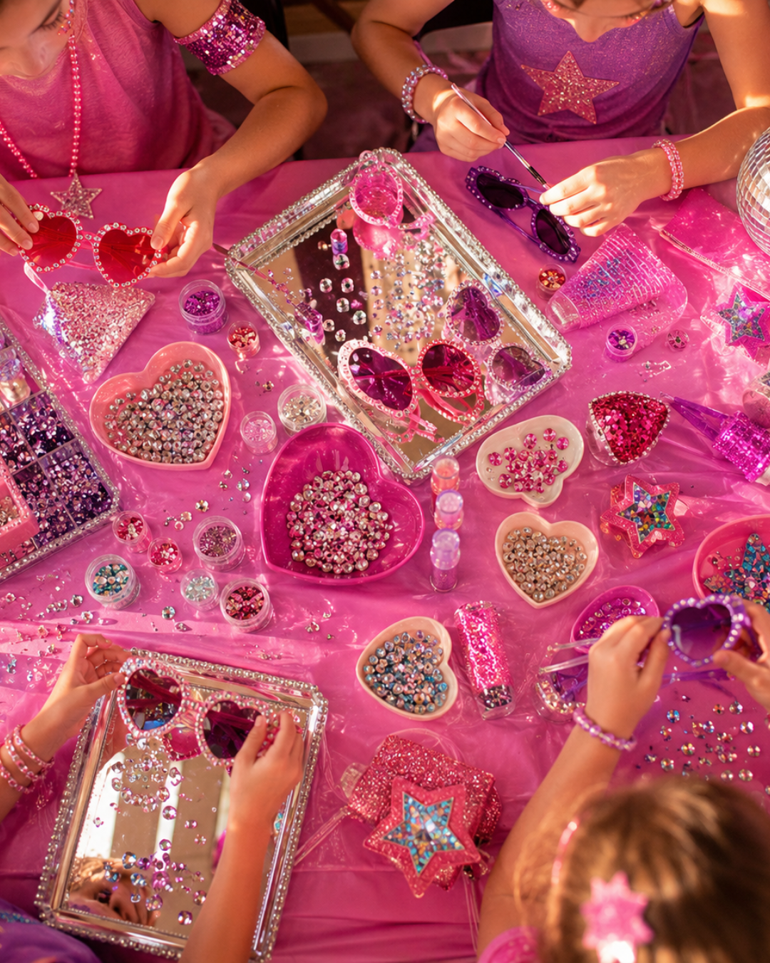 Overhead view of kids decorating sunglasses and mirrors with rhinestones and gems at a self-expression craft activity at kids summer camp Minnesota