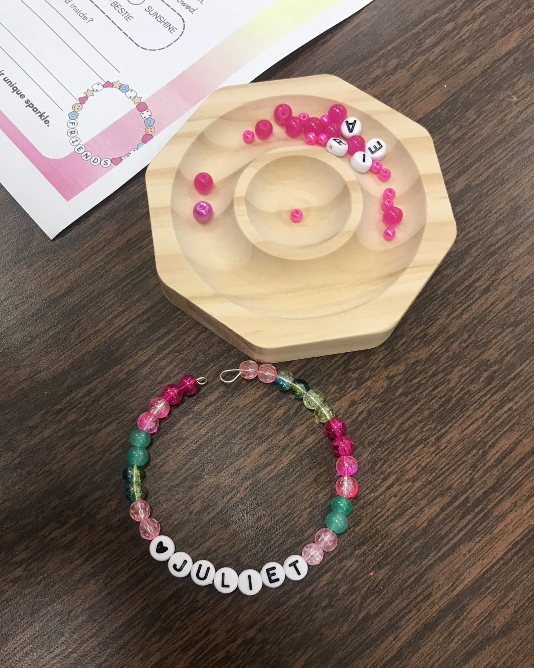 Child-made affirmation bracelet created during a mindfulness and confidence-building summer camp activity for kids in the Twin Cities Minnesota.