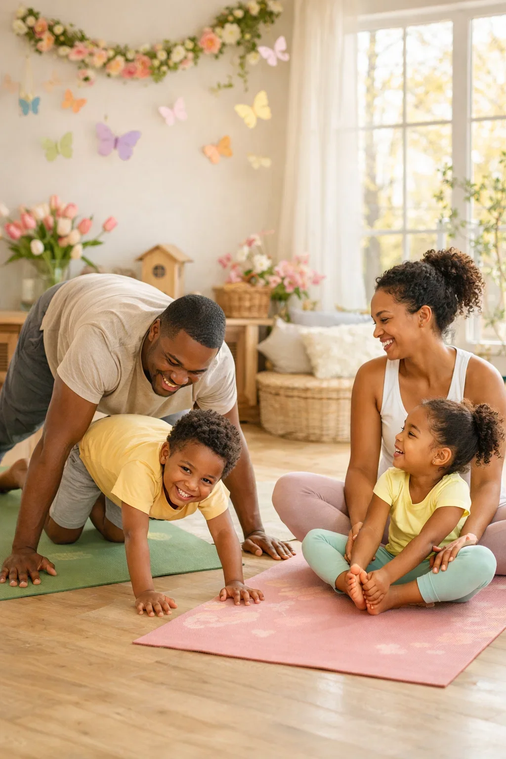 Small group family yoga class with parents and children practicing together