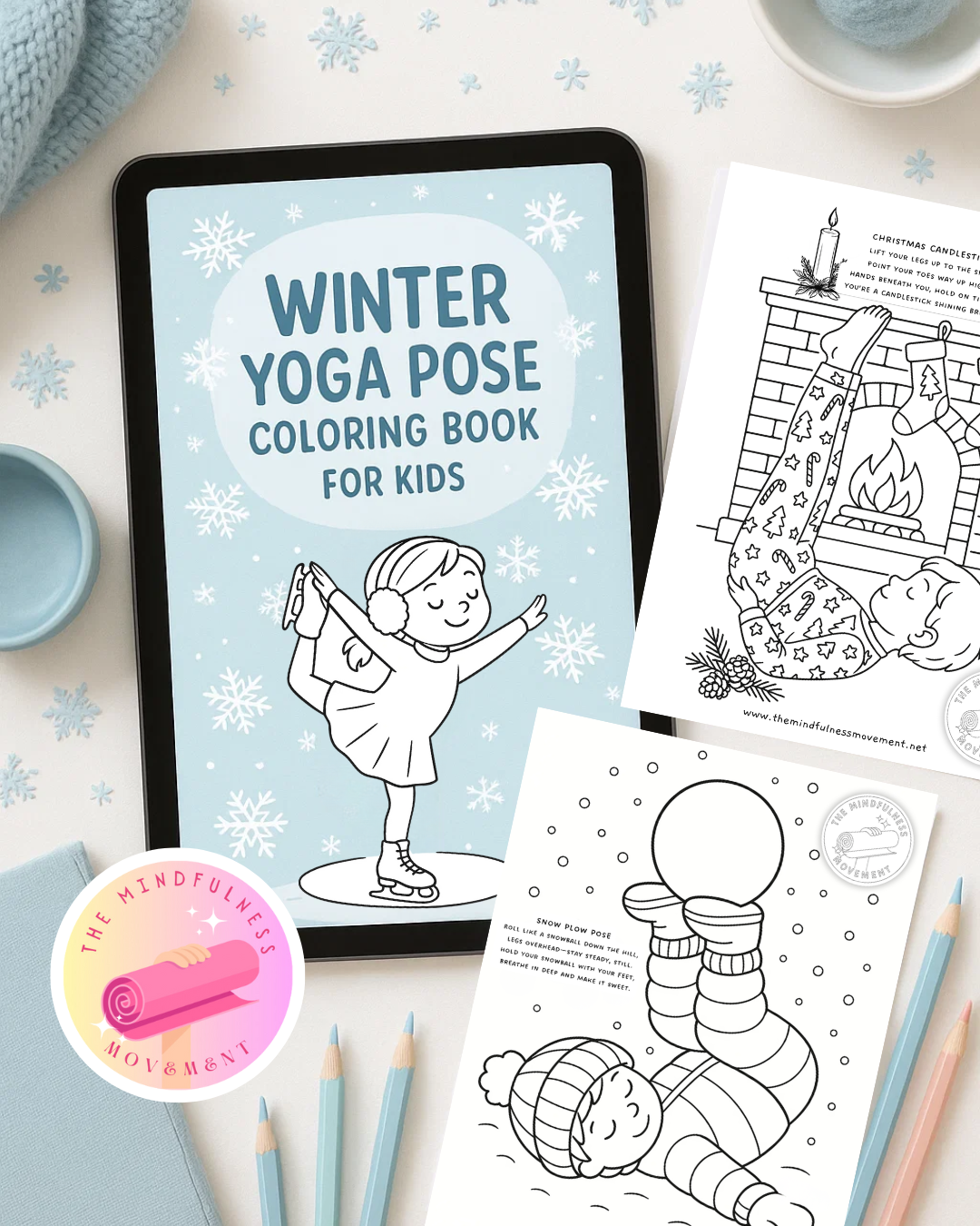 Winter Yoga Pose Coloring Book for Kids — 15 Printable Winter Yoga Poses with Rhyming Instructions (Digital Download)