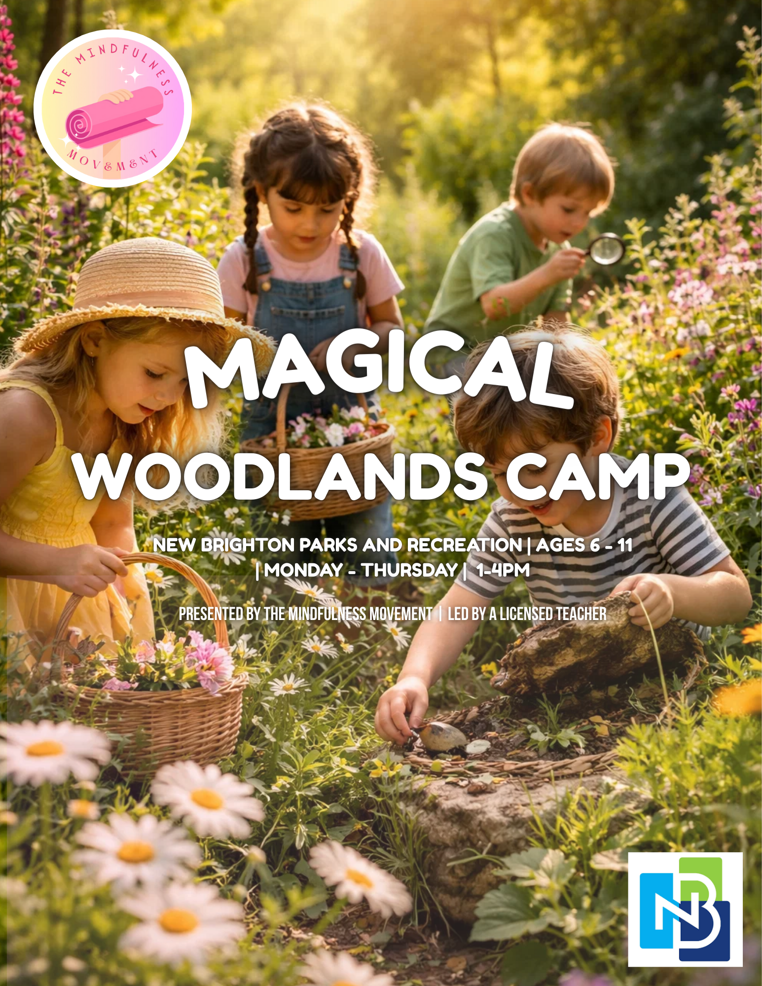 Children participating in the Magical Woods Mindfulness Quest summer camp in New Brighton, Minnesota, enjoying a fantasy-themed mindfulness and movement adventure with enchanted forest crafts, creative play, and confidence-building activities through