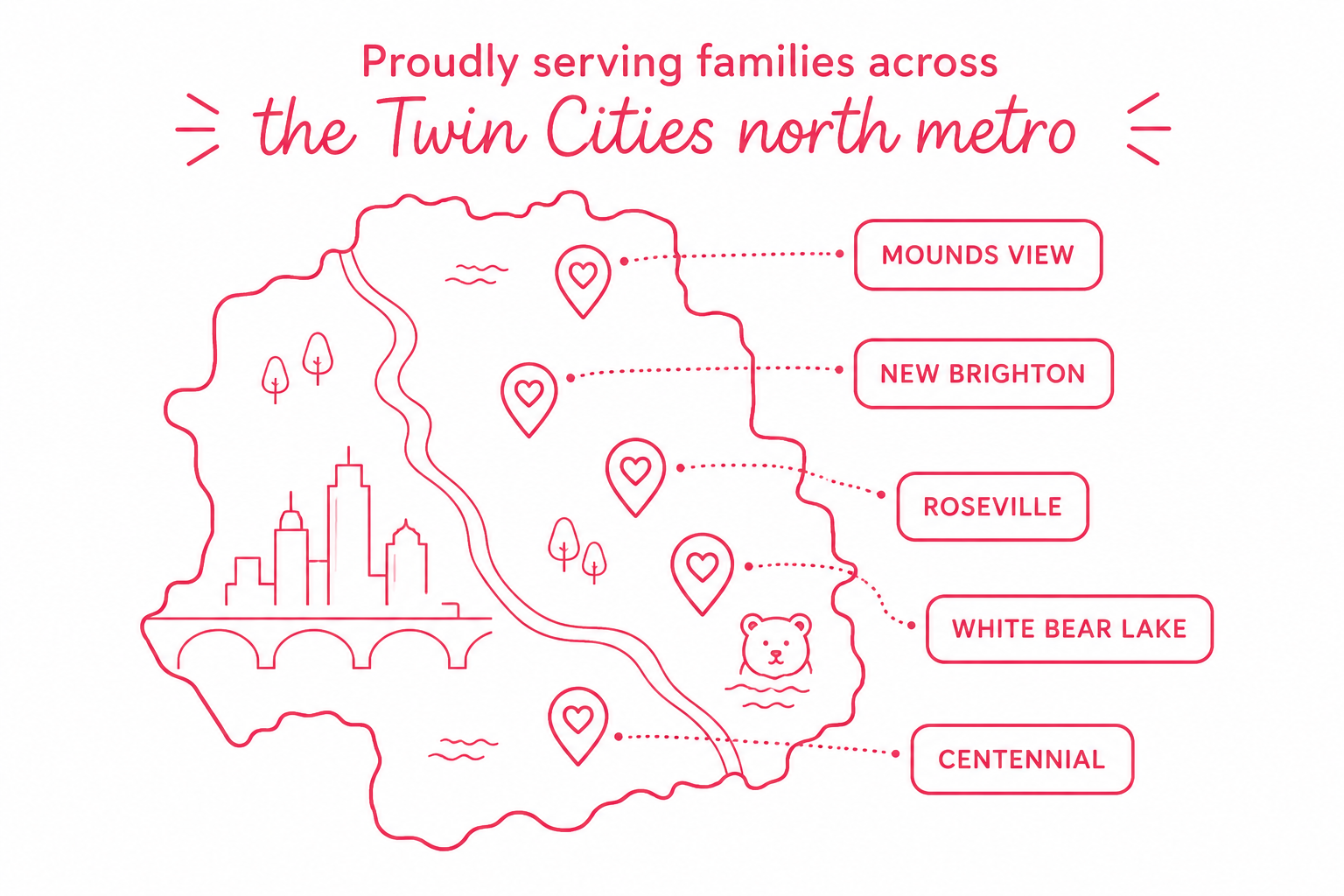 Map showing Twin Cities north metro communities served by The Mindfulness Movement including Mounds View White Bear Lake Roseville New Brighton and Centennial