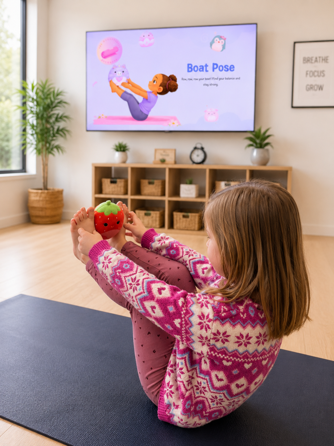 Child doing yoga pose during a Squishmallow Yoga kids camp in New Brighton, MN