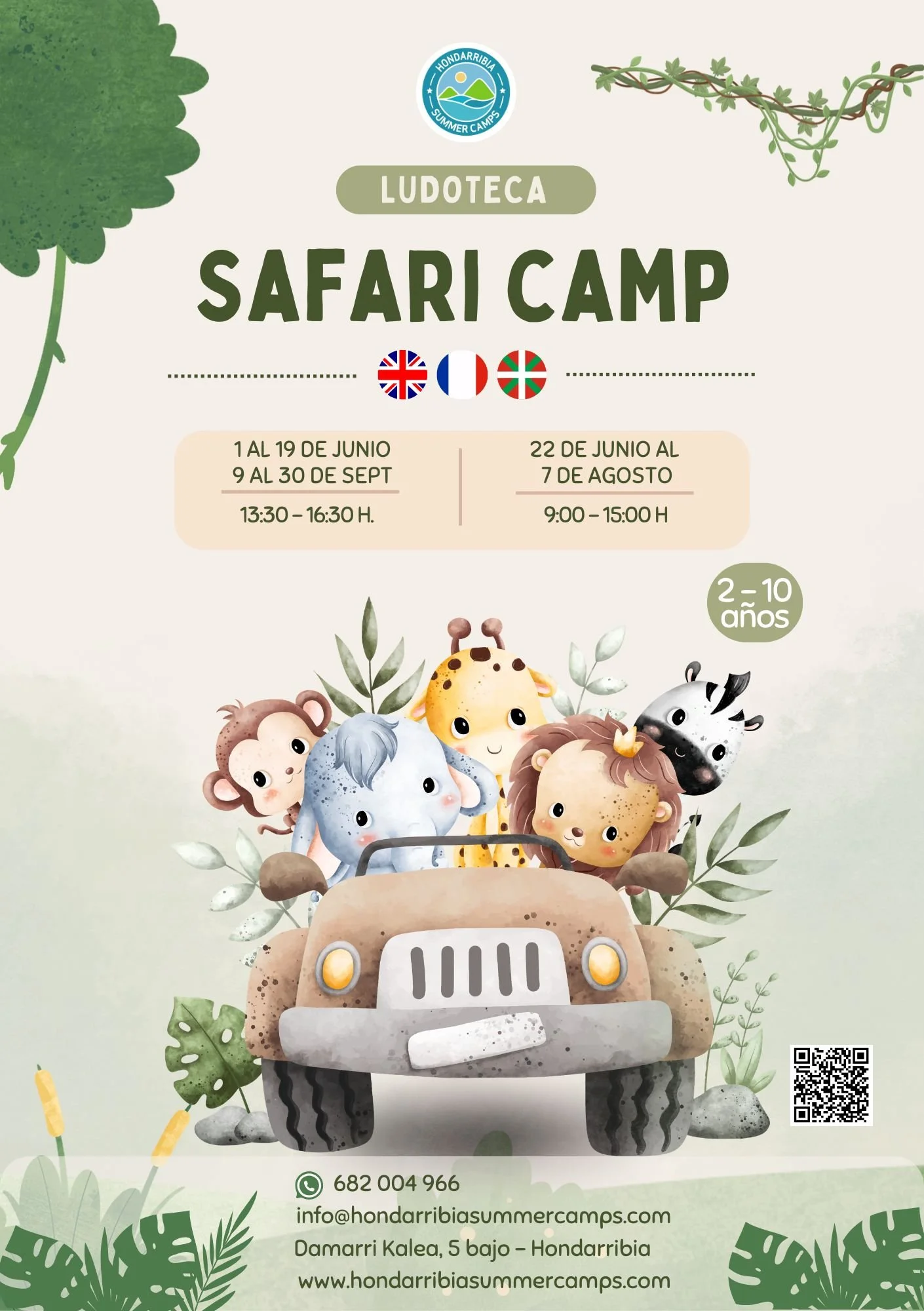 Safari Camp infantil en Hondarribia para niños de 2 a 10 años. Ludoteca y campamento de verano con idiomas y actividades para familias del Bidasoa.