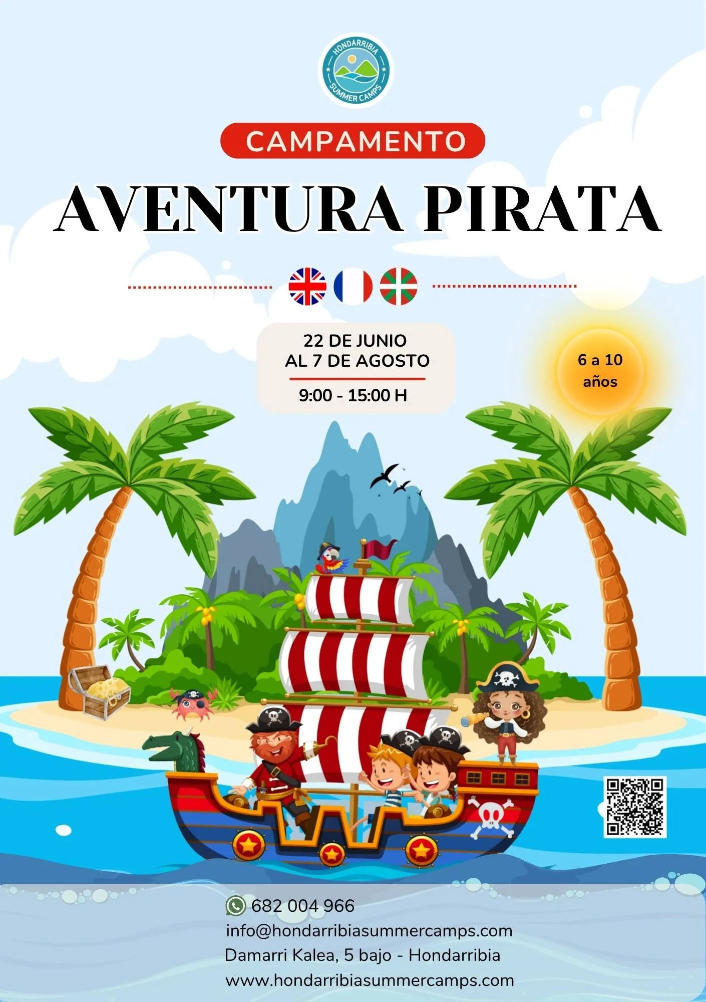 Campamento Aventura Pirata en Hondarribia para niños de 6 a 10 años con idiomas, actividades y diversión en verano.