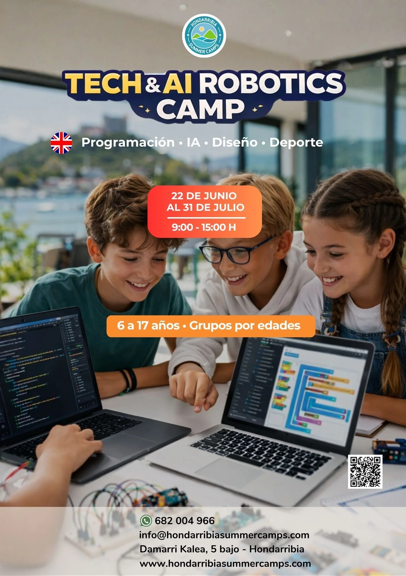 Cartel oficial Tech & AI Camp Hondarribia para niños y adolescentes de 6 a 17 años en el Bidasoa.