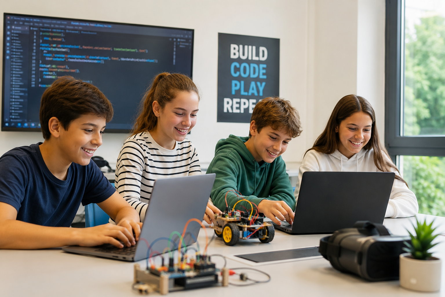 Niños realizando actividades de programación y tecnología en Tech & AI Camp Hondarribia.