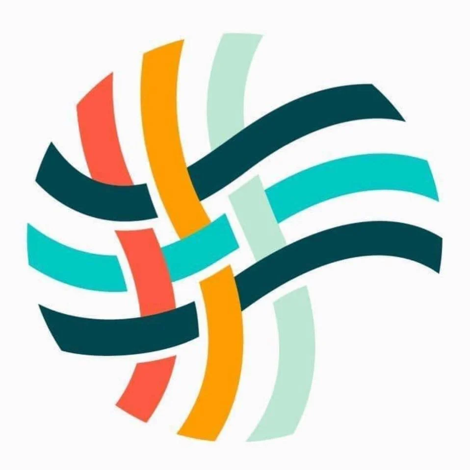 Abstract graphic with curved, colorful strips in red, orange, teal, dark blue, and light green on a white background.