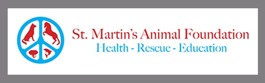 Logo of St. Martin's Animal Foundation with a peace sign and dog and cat silhouettes, and the text 'St. Martin's Animal Foundation' with the tagline 'Health - Rescue - Education'.